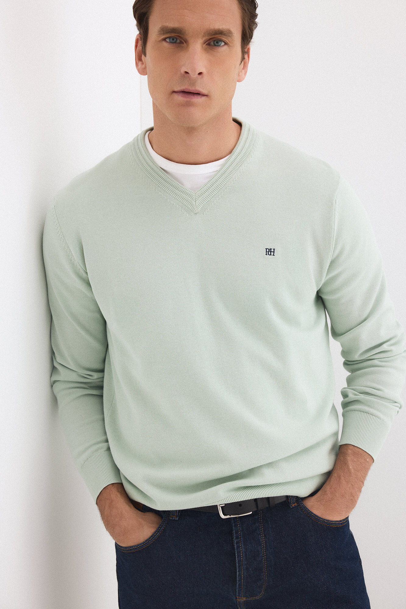 Pedro del Hierro Jersey punto algod&oacute;n premium cuello pico Verde