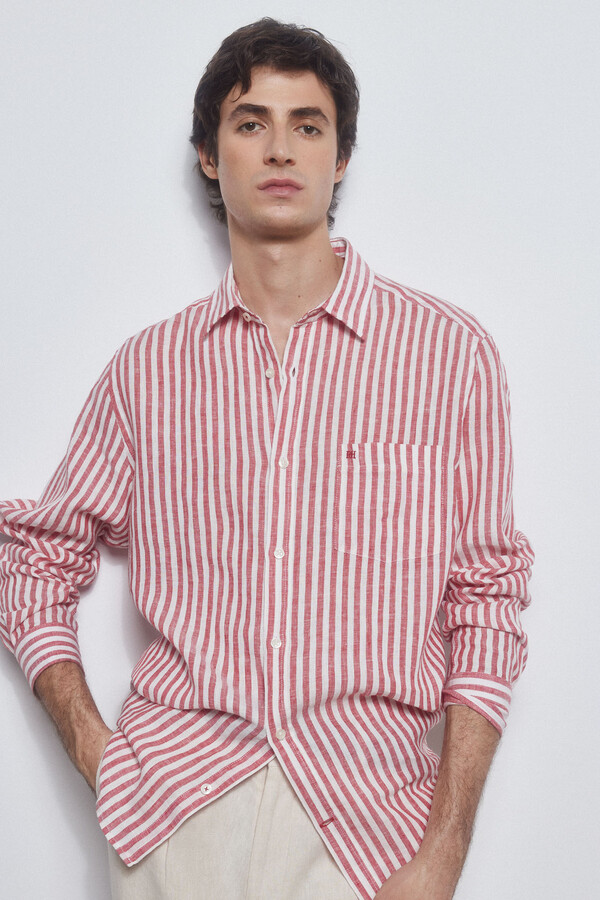 Pedro del Hierro Camisa lino rayas Rojo