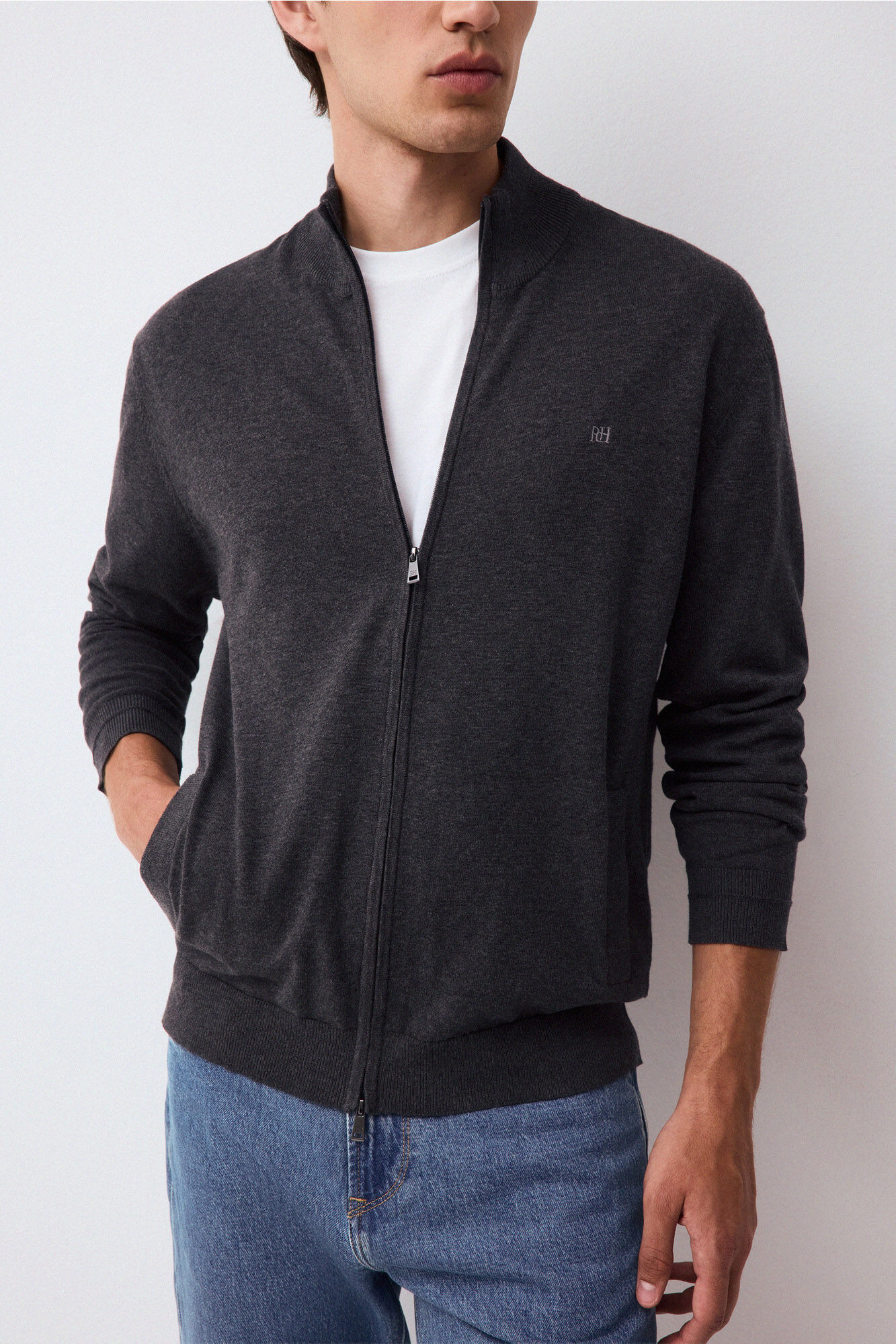 Pedro del Hierro Fine premium cotton zip fastening cardigan Grey