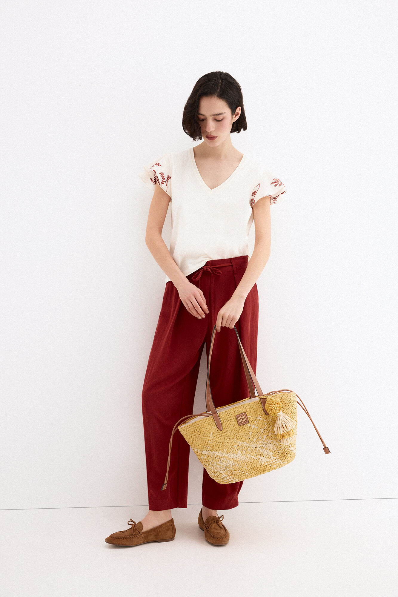 Pedro del Hierro Embroidered ruffle short sleeve T-shirt Ecru