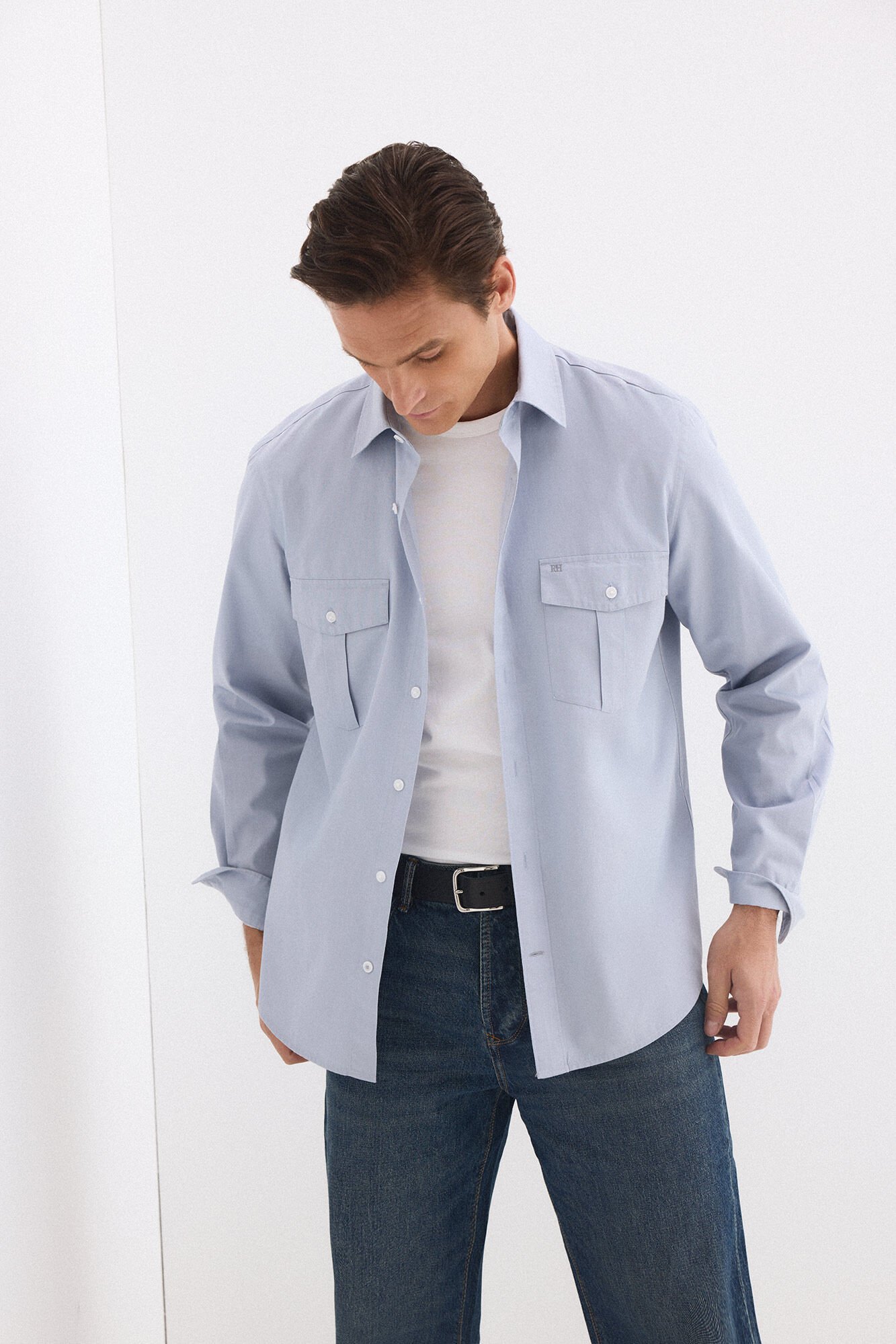 Pedro del Hierro Twill plain pocket shirt Blue