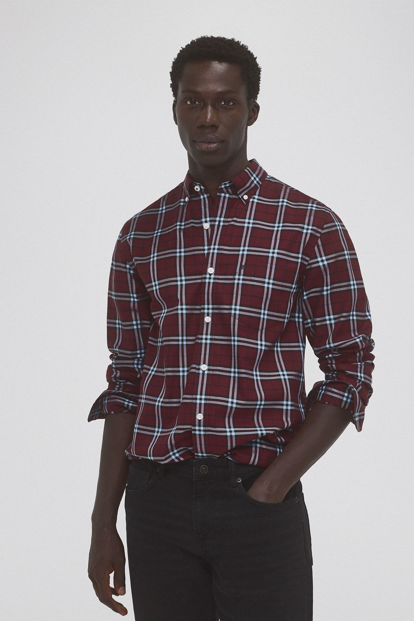 Pedro del Hierro Non-iron twill check shirt Burgundy