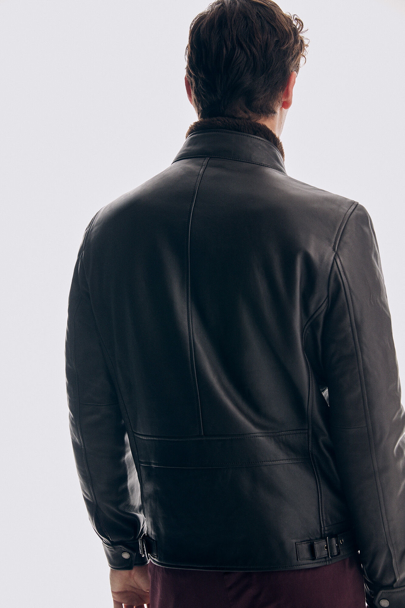 Pedro del Hierro Leather jacket fur collar Brown