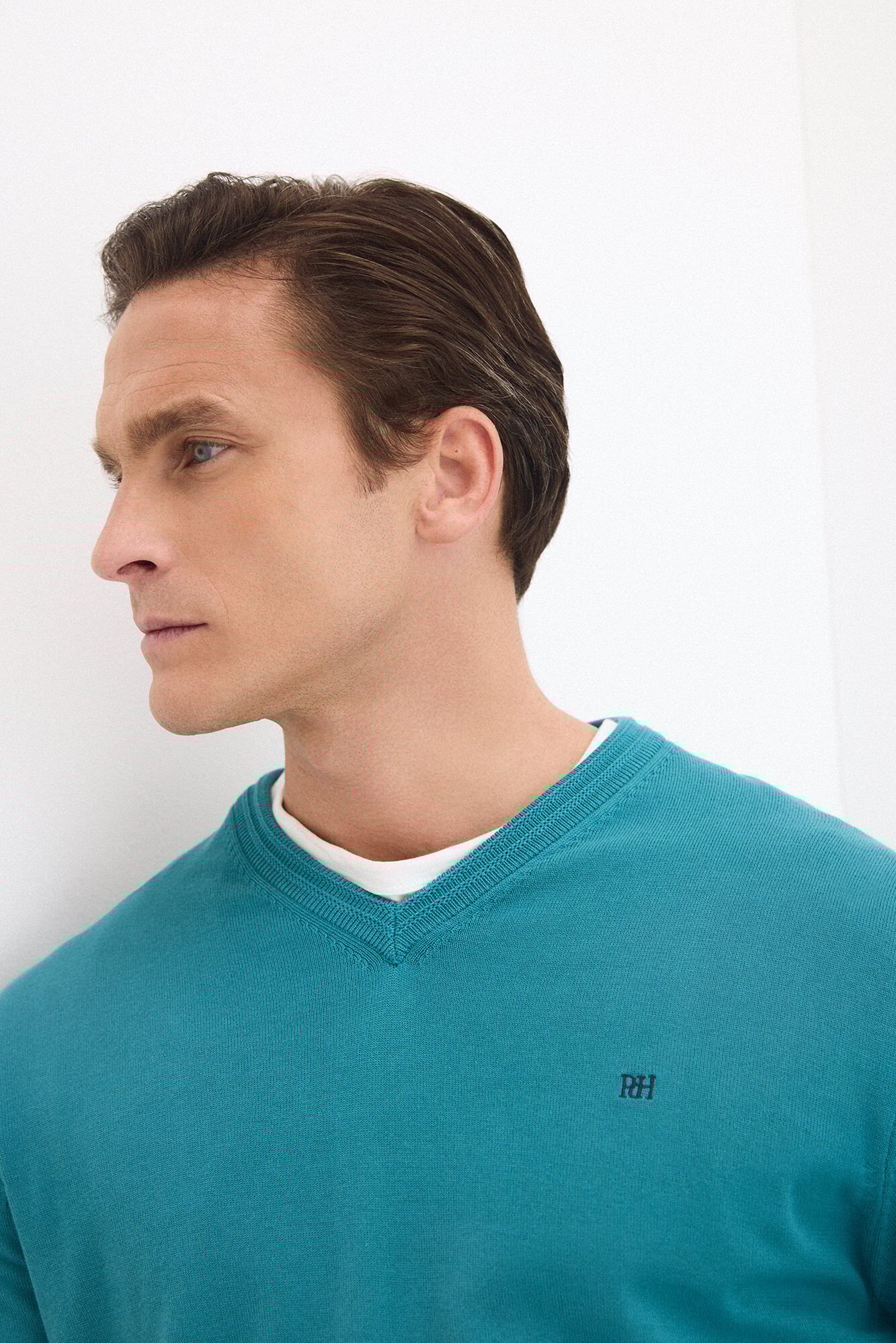 Pedro del Hierro Premium cotton knit V-neck jumper Turquoise