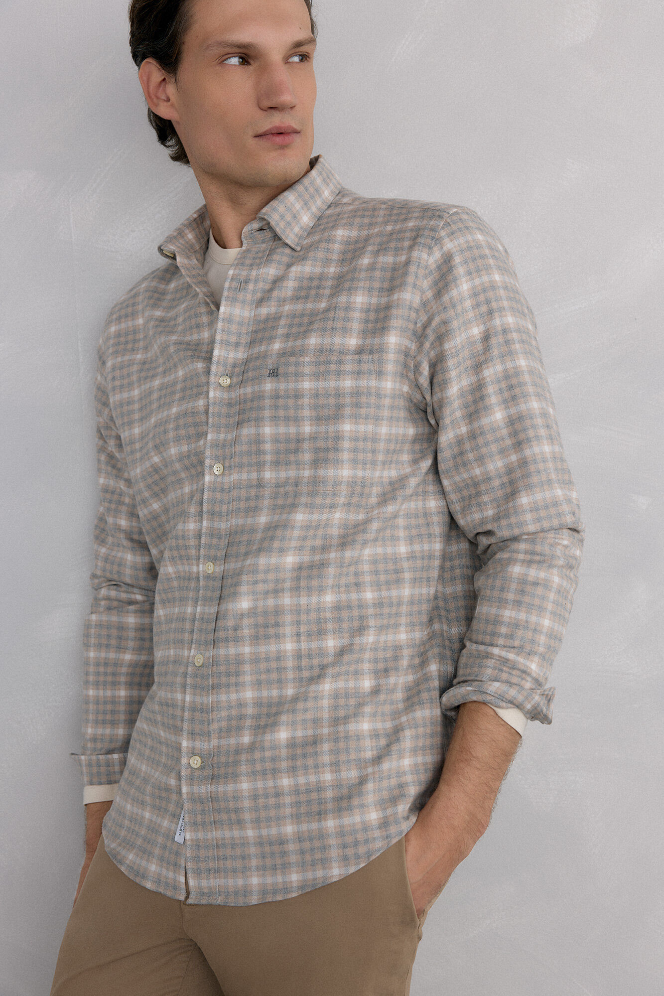 Pedro del Hierro Checkered flannel shirt Italian fabric Beige