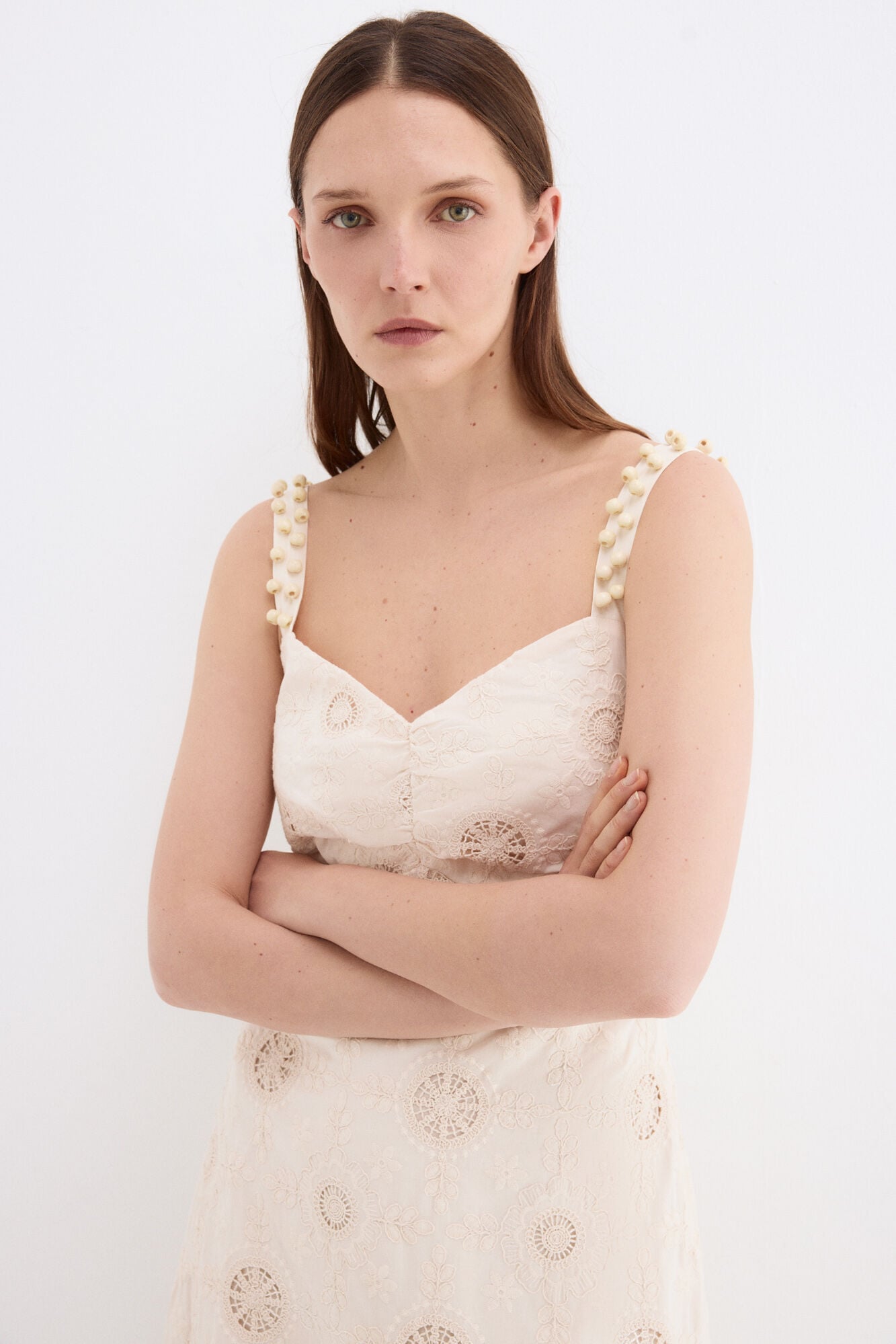 Pedro del Hierro Vestido comprido em algod&atilde;o com bordados Ecru