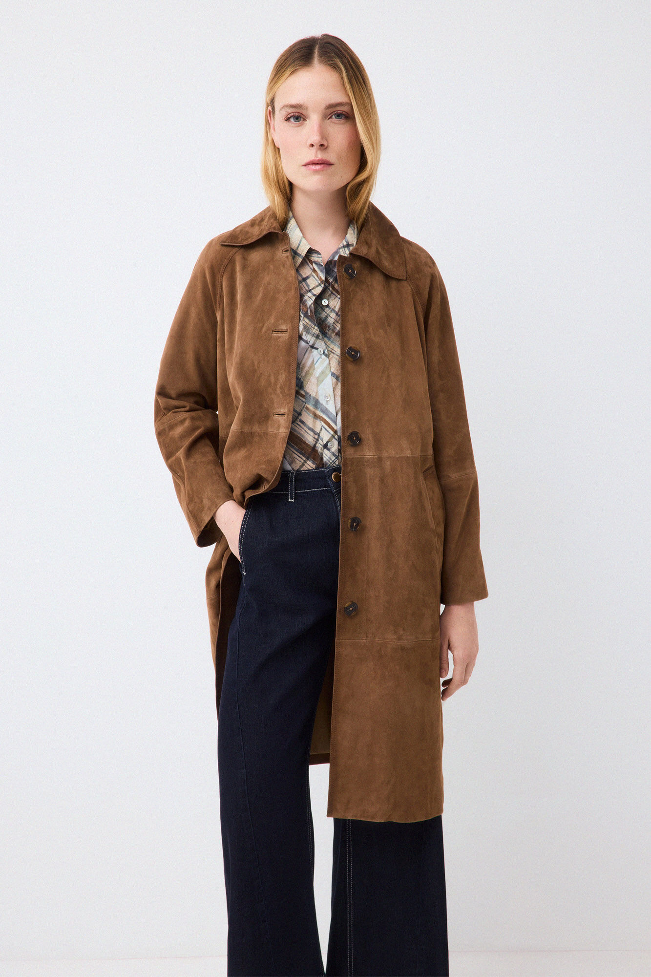 Pedro del Hierro Long suede leather coat Brown