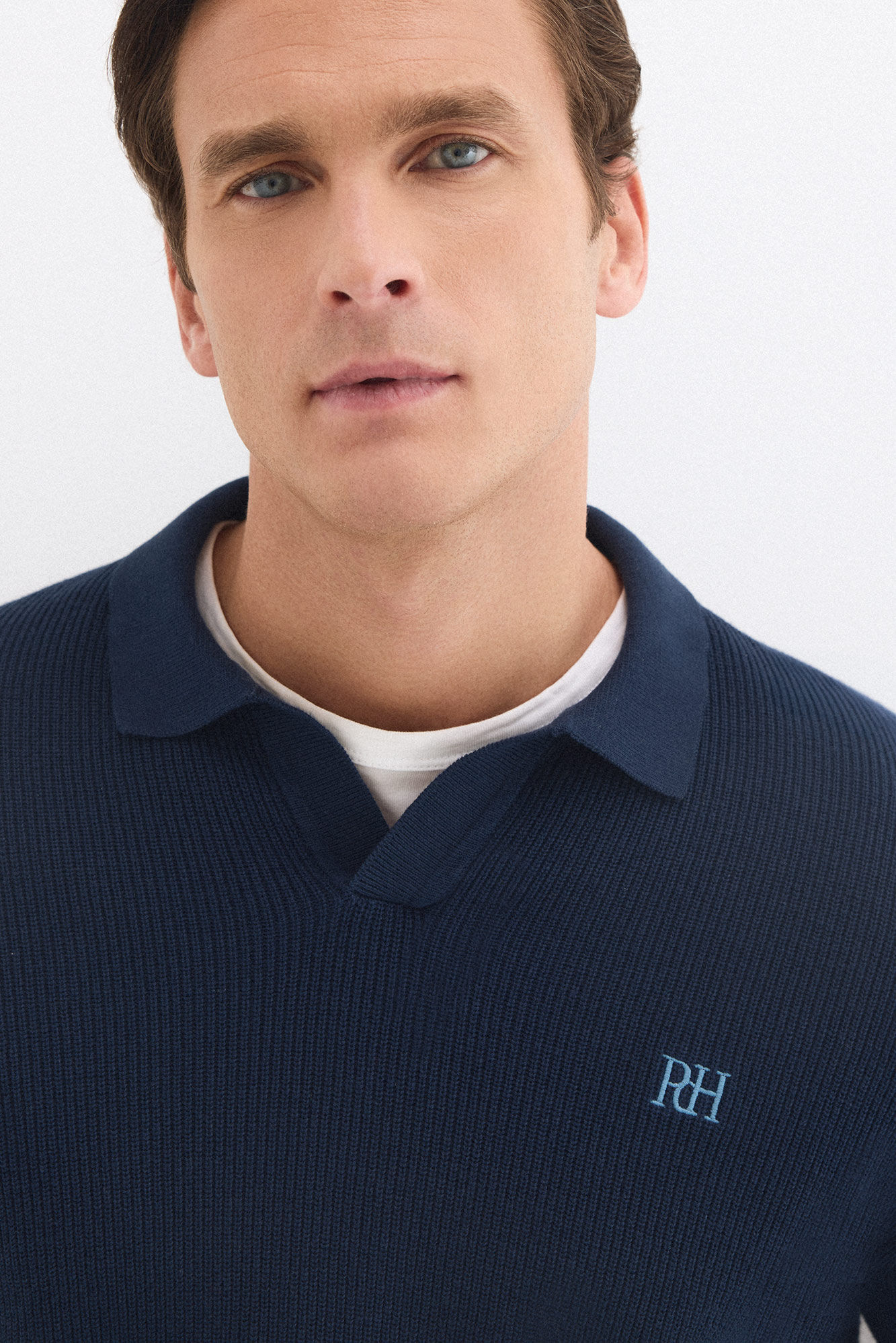 Pedro del Hierro Cotton ribbed long sleeve polo jumper Blue