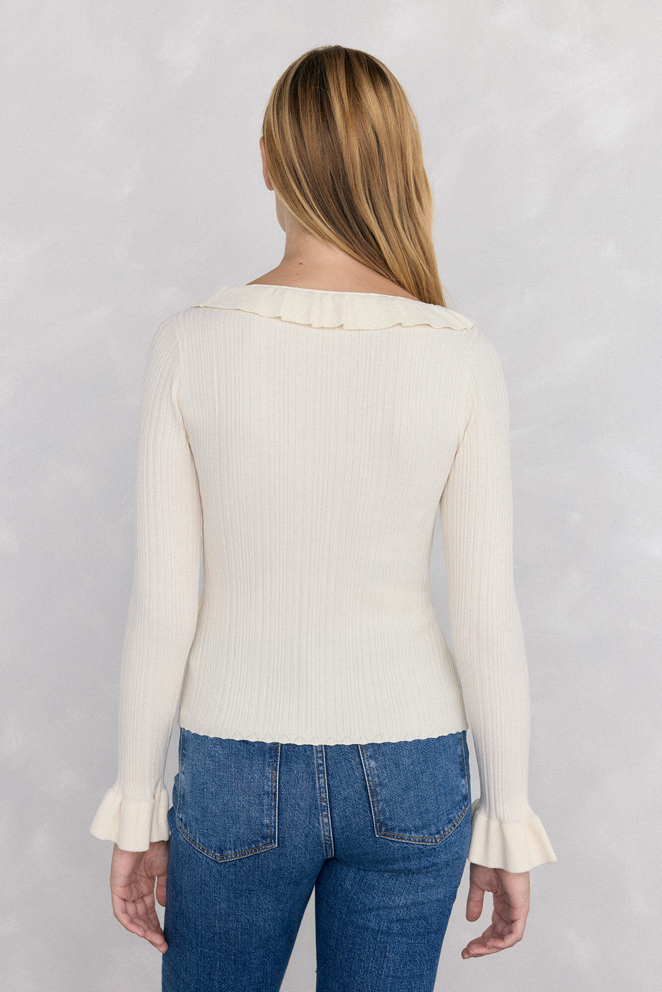 Pedro del Hierro Ribbed jersey-knit top with ruffle Ecru