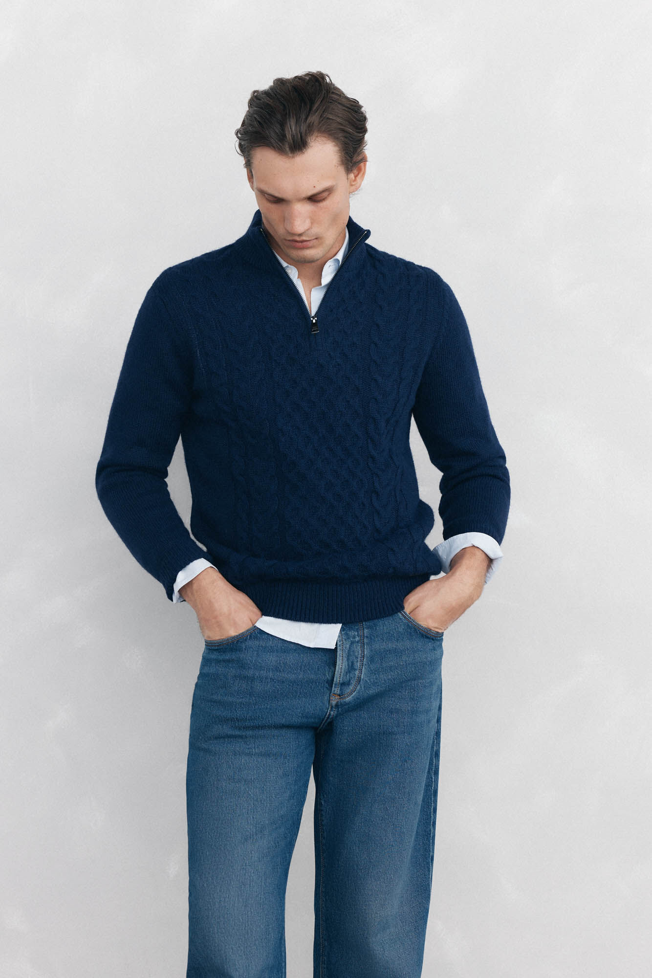 Pedro del Hierro Structured wool jersey-knit sweater with zip fastening Blue