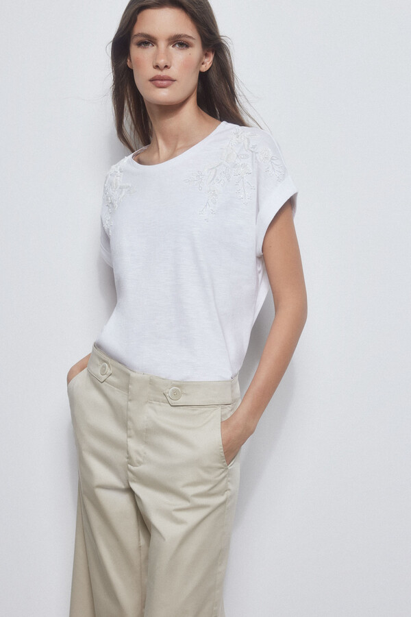 Pedro del Hierro Embroidered short-sleeved t-shirt Beige