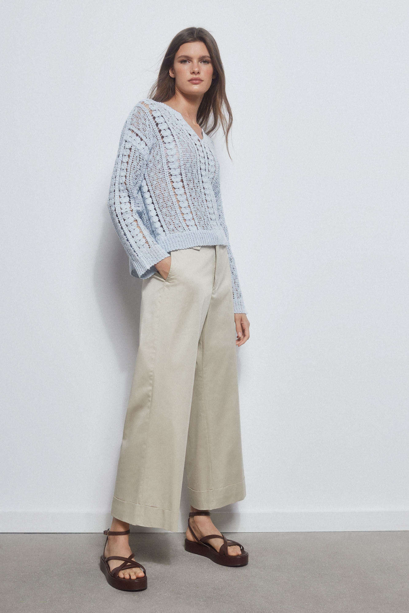Pedro del Hierro Pantal&oacute;n wide leg cropped popel&iacute;n Marr&oacute;n