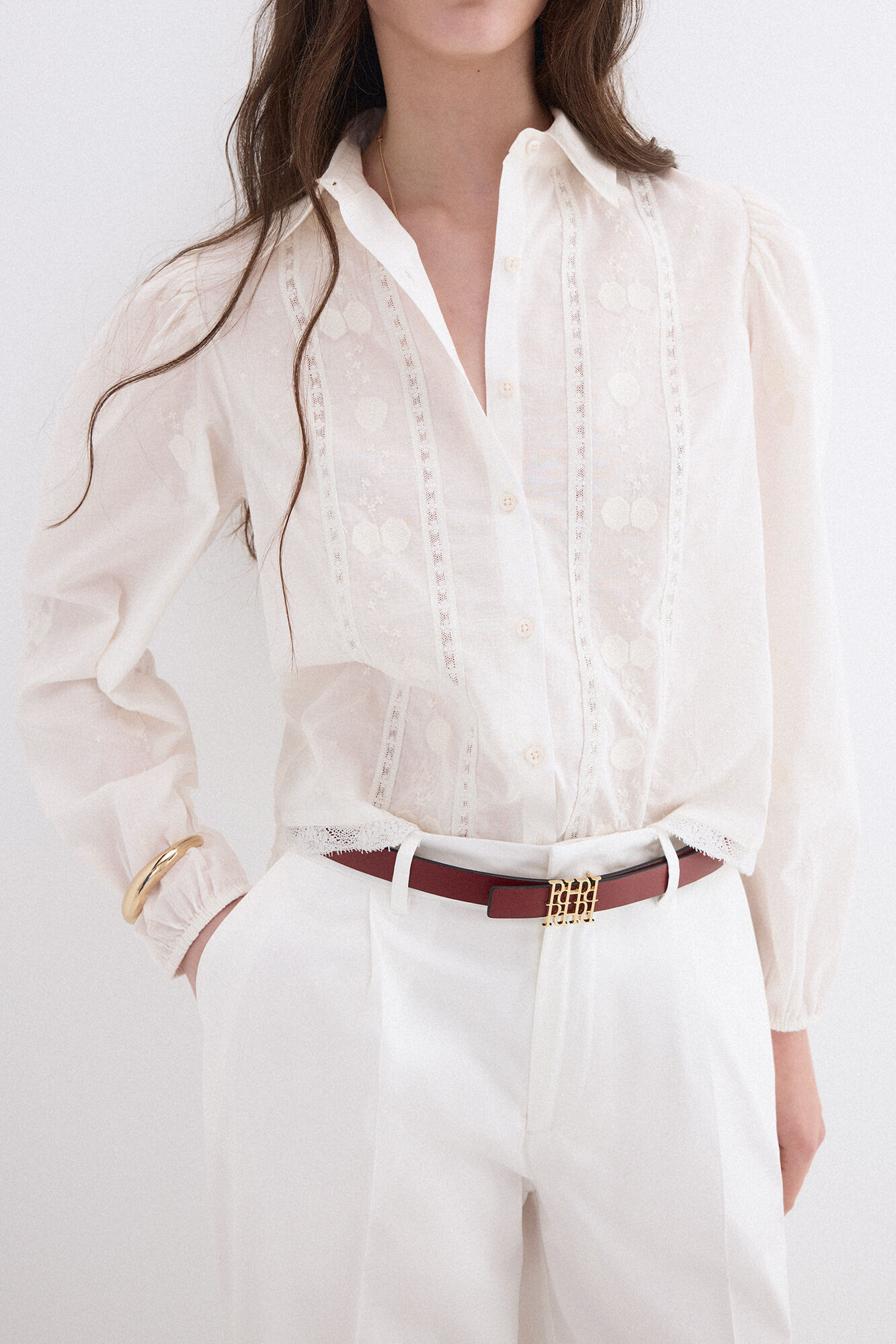 Pedro del Hierro Short embroidered shirt Ecru