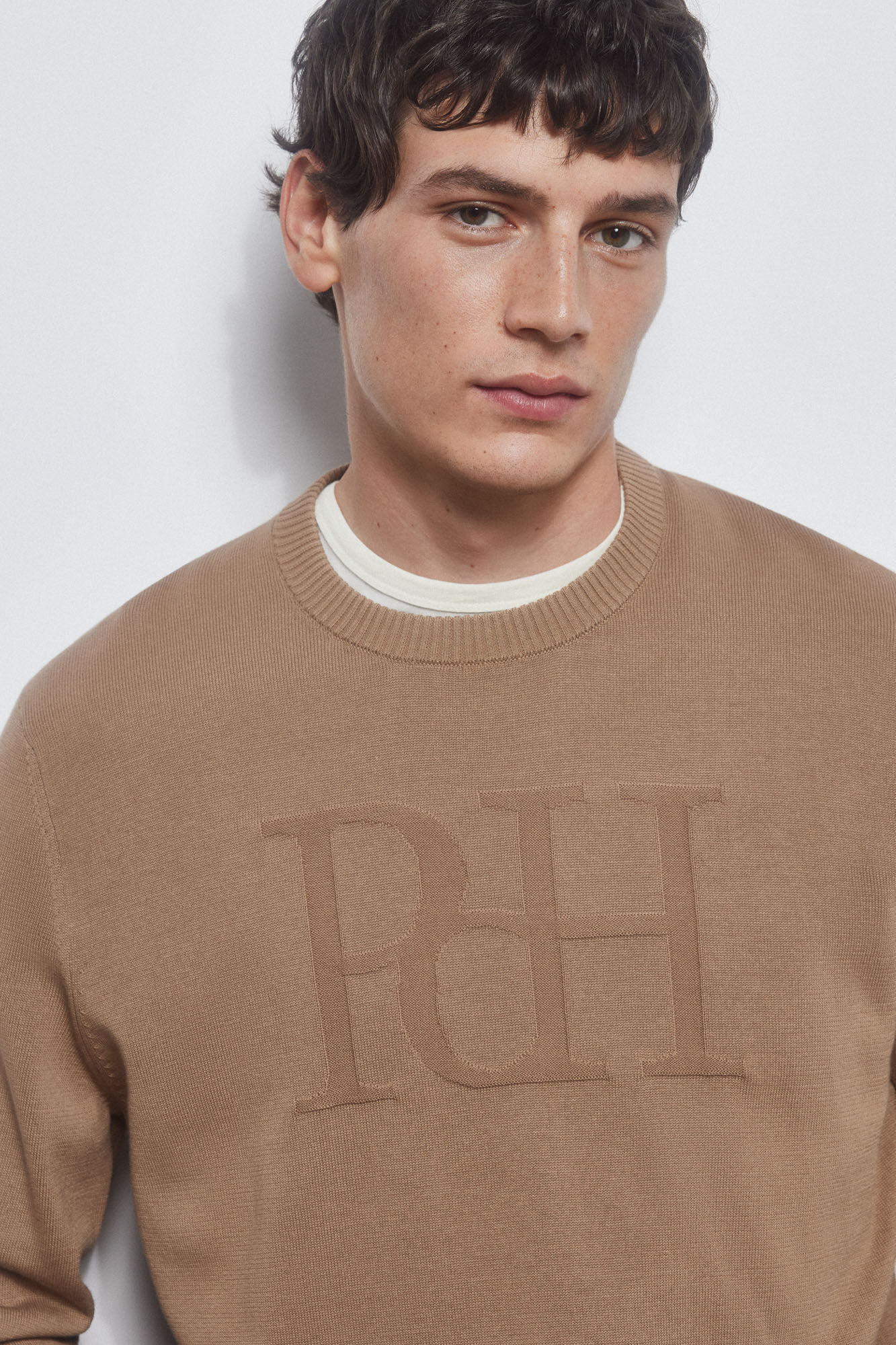 Pedro del Hierro Fine jersey-knit cotton big logo sweater  Beige