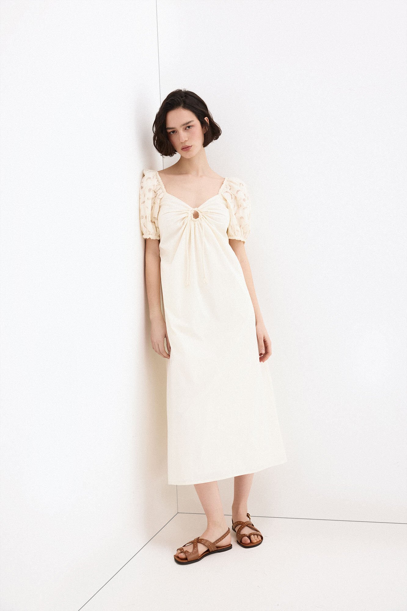 Pedro del Hierro Embroidered sleeve midi dress White
