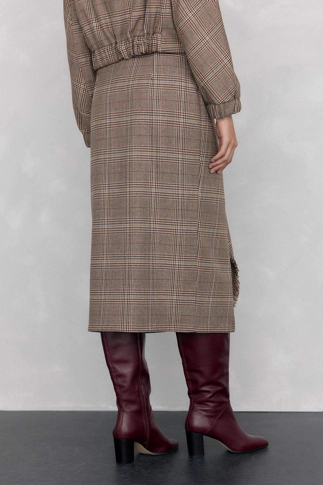 Pedro del Hierro Saia midi xadrez com folho desfiado Marrom