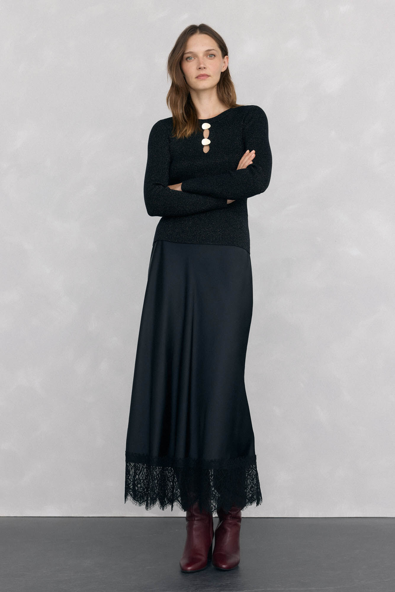 Pedro del Hierro Saia longa de cetim com detalhe de renda Preto