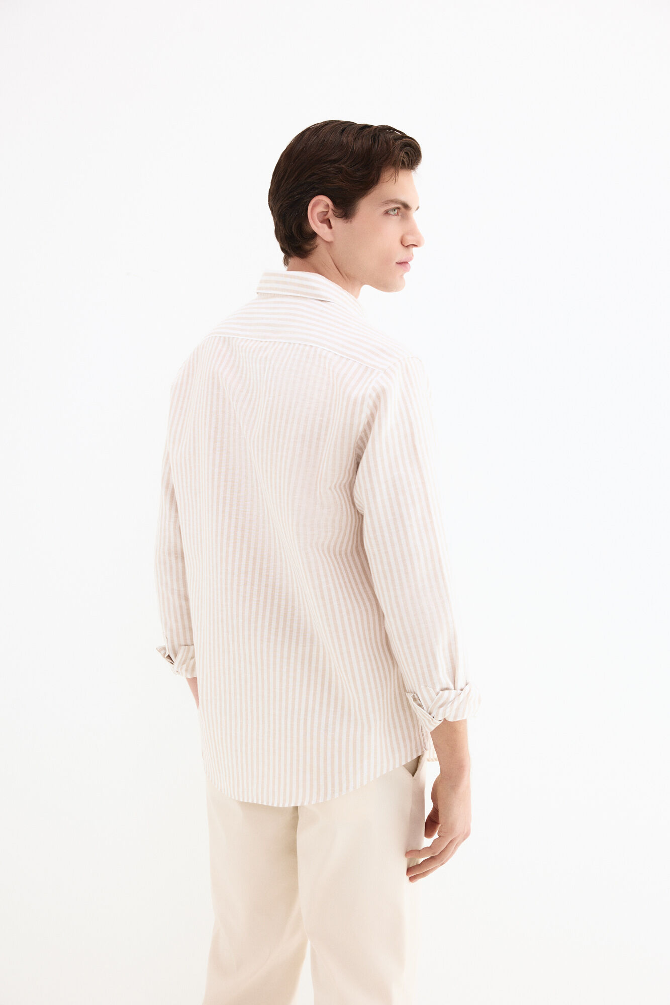 Pedro del Hierro Linen striped easy-iron dress shirt Beige
