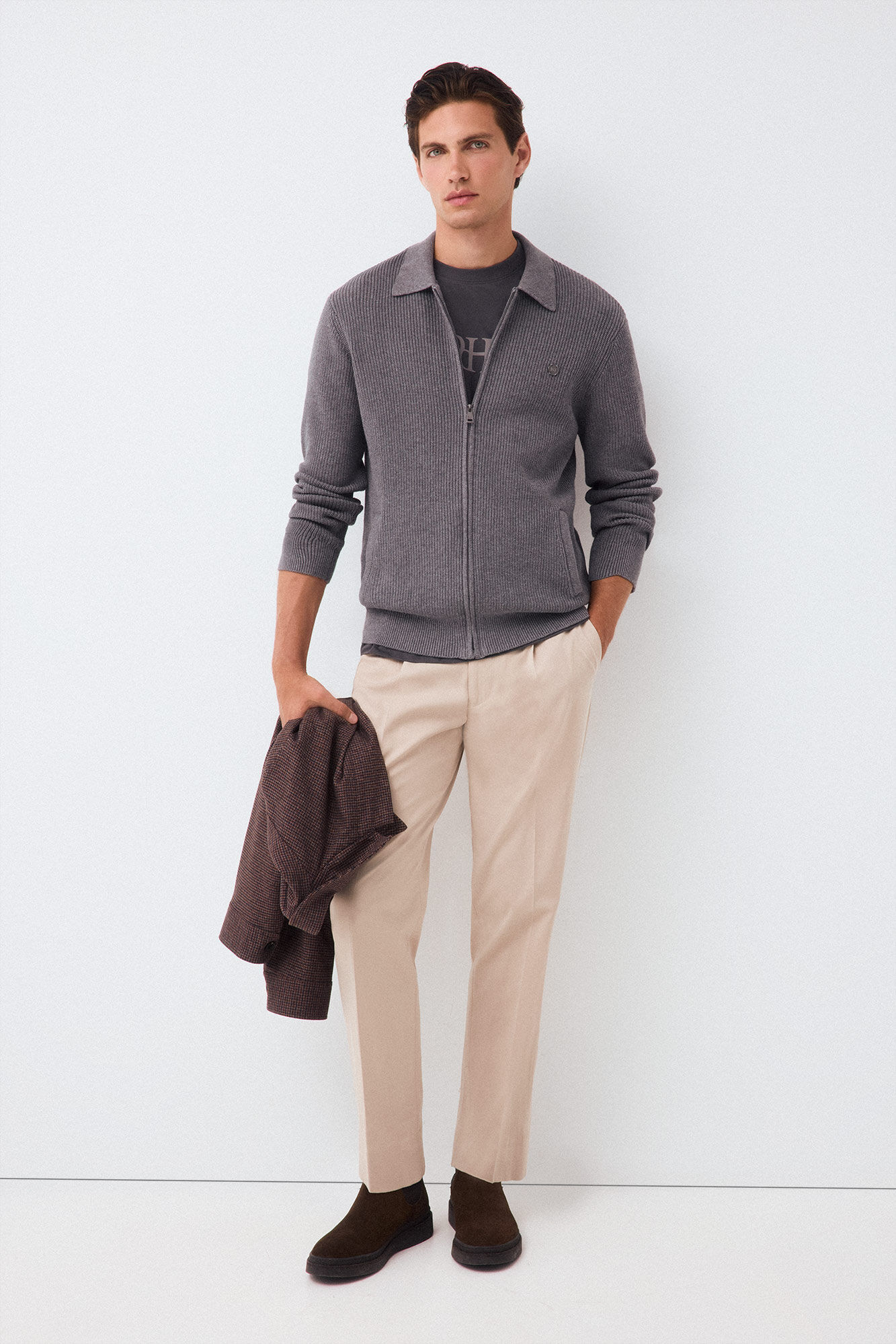 Pedro del Hierro Polo neck knit structure cardigan with zip fastening Grey