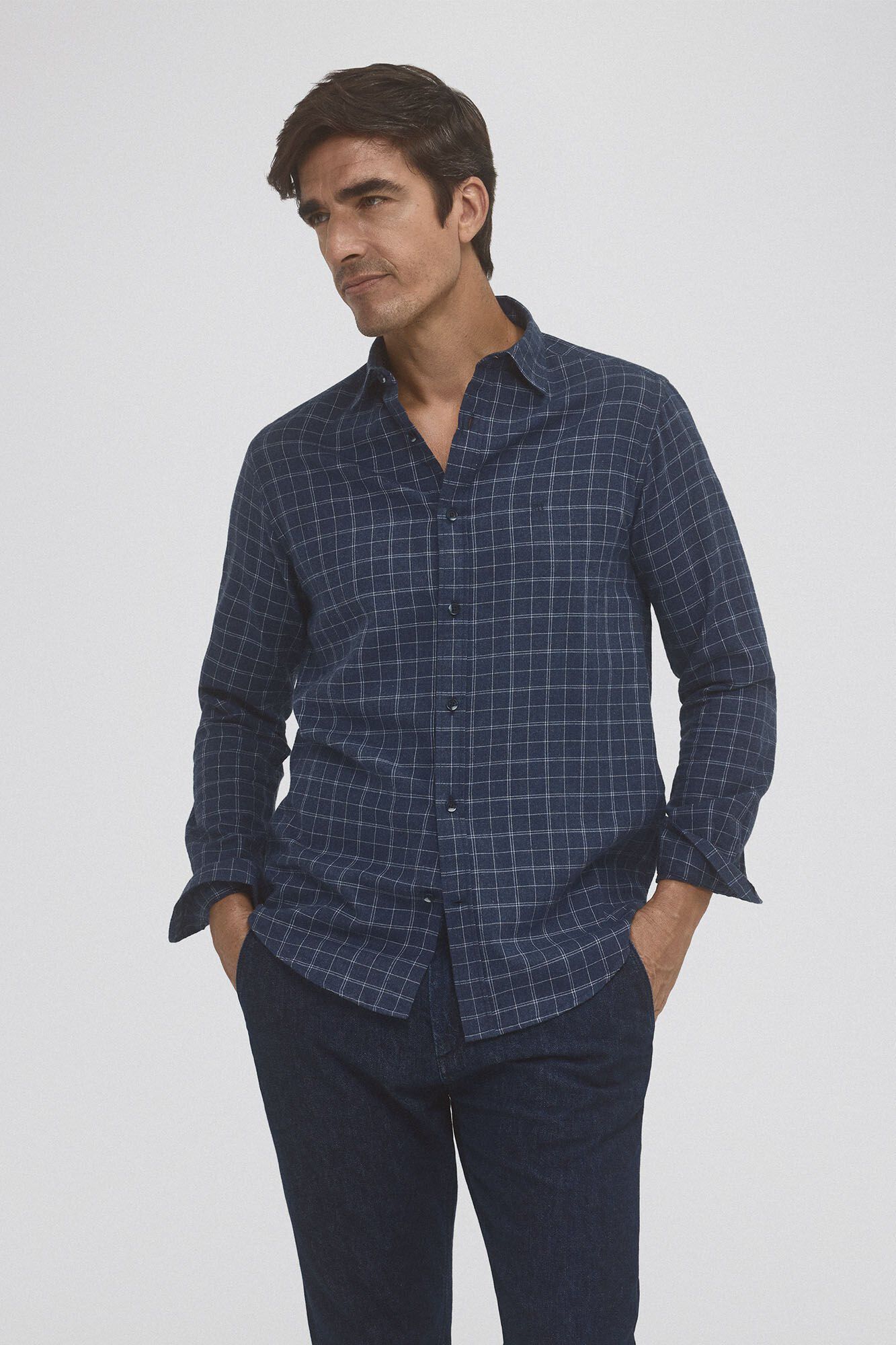 Pedro del Hierro Checked cashmere touch twill shirt Blue