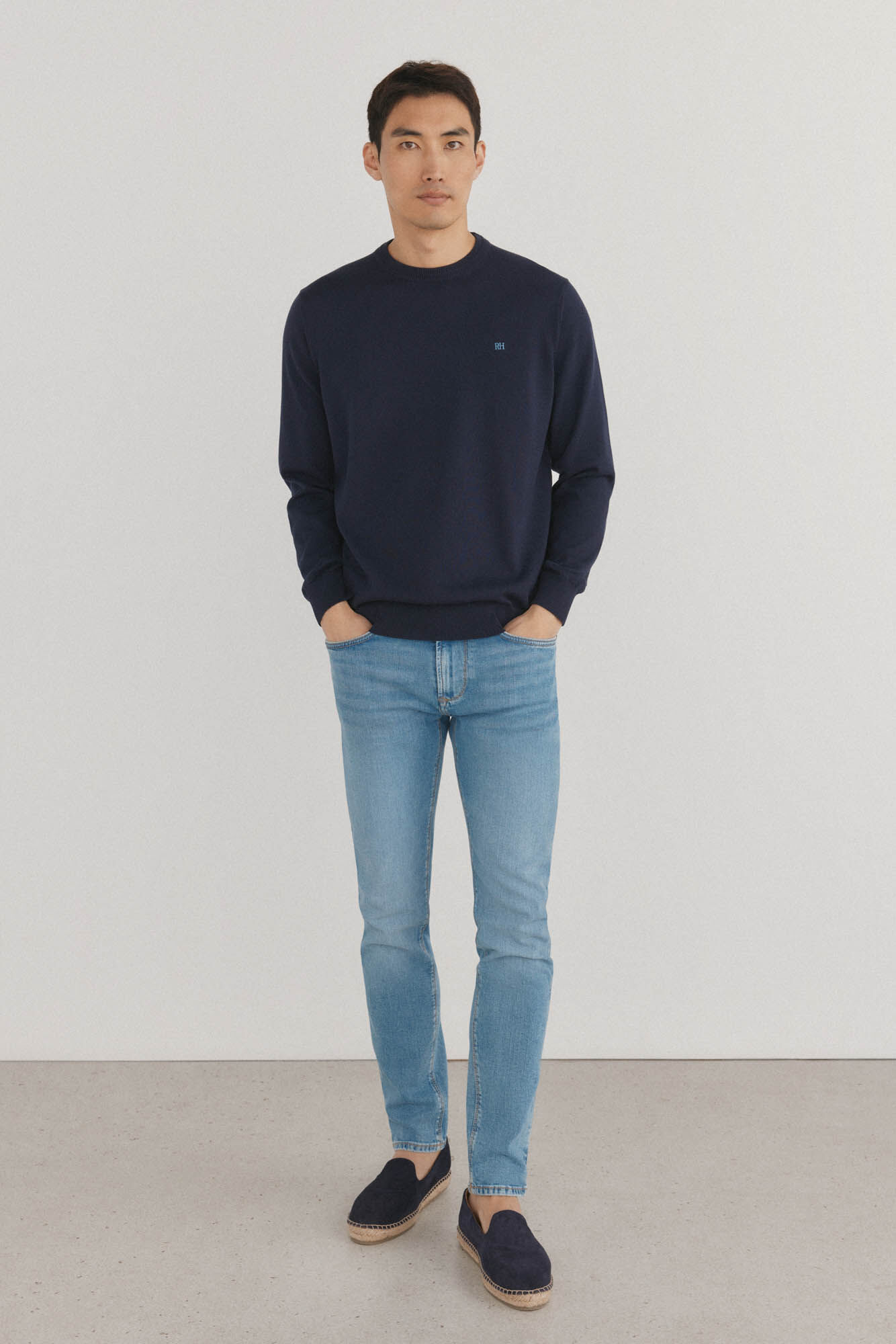 Pedro del Hierro Su&eacute;ter fino de algod&atilde;o premium com gola redonda Azul