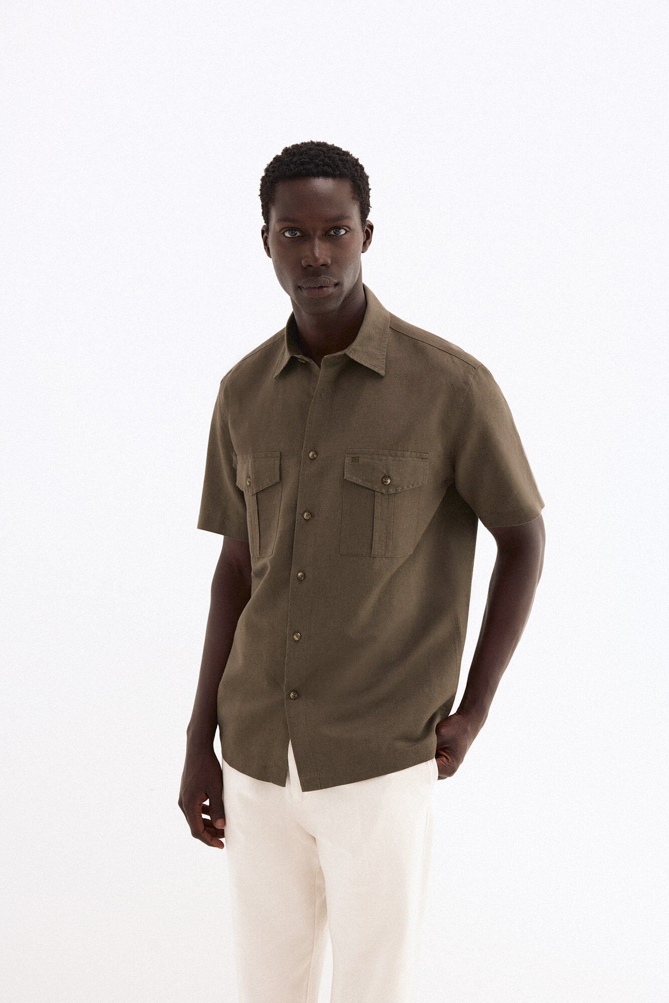 Pedro del Hierro Linen short sleeve pocket shirt Green