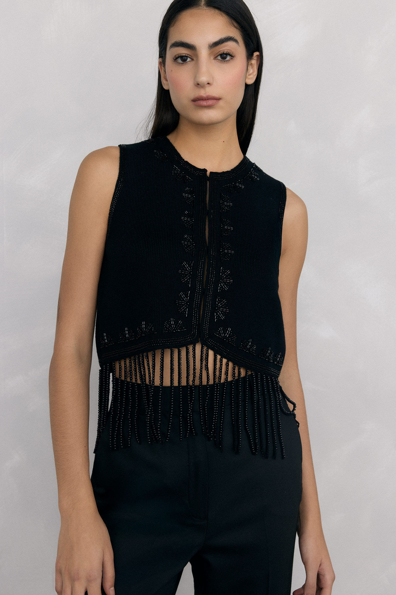Pedro del Hierro Jersey-knit vest with embroidered fringes Black
