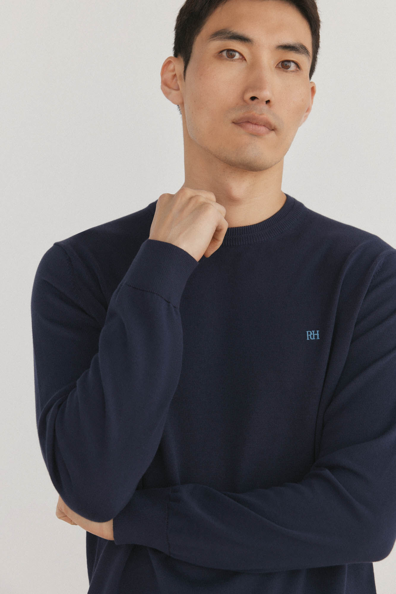 Pedro del Hierro Su&eacute;ter fino de algod&atilde;o premium com gola redonda Azul