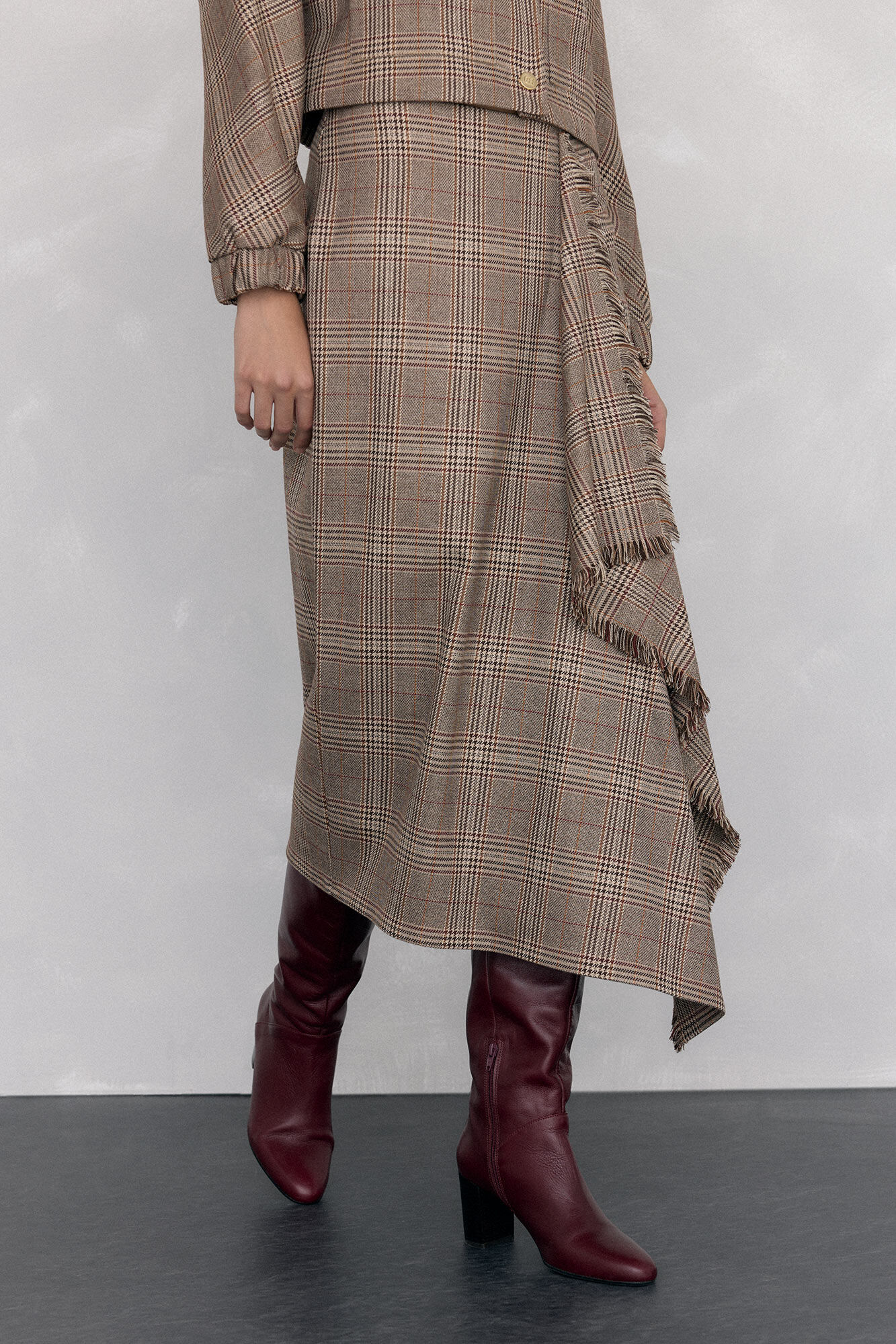 Pedro del Hierro Saia midi xadrez com folho desfiado Marrom