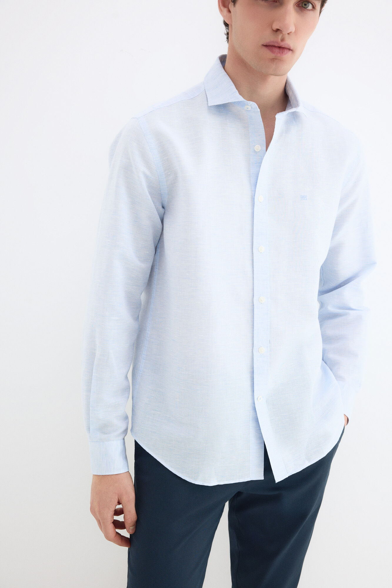 Pedro del Hierro Structured linen easy iron dress shirt Blue