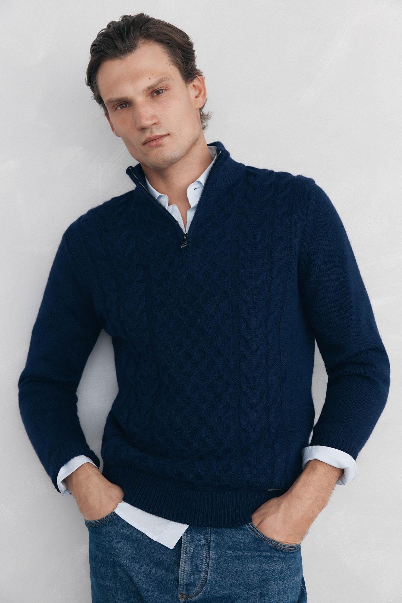 Pedro del Hierro Structured wool jersey-knit sweater with zip fastening Blue