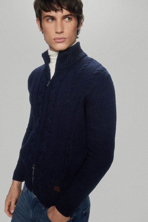 Pedro del Hierro Cable knit wool zip-up cardigan Blue