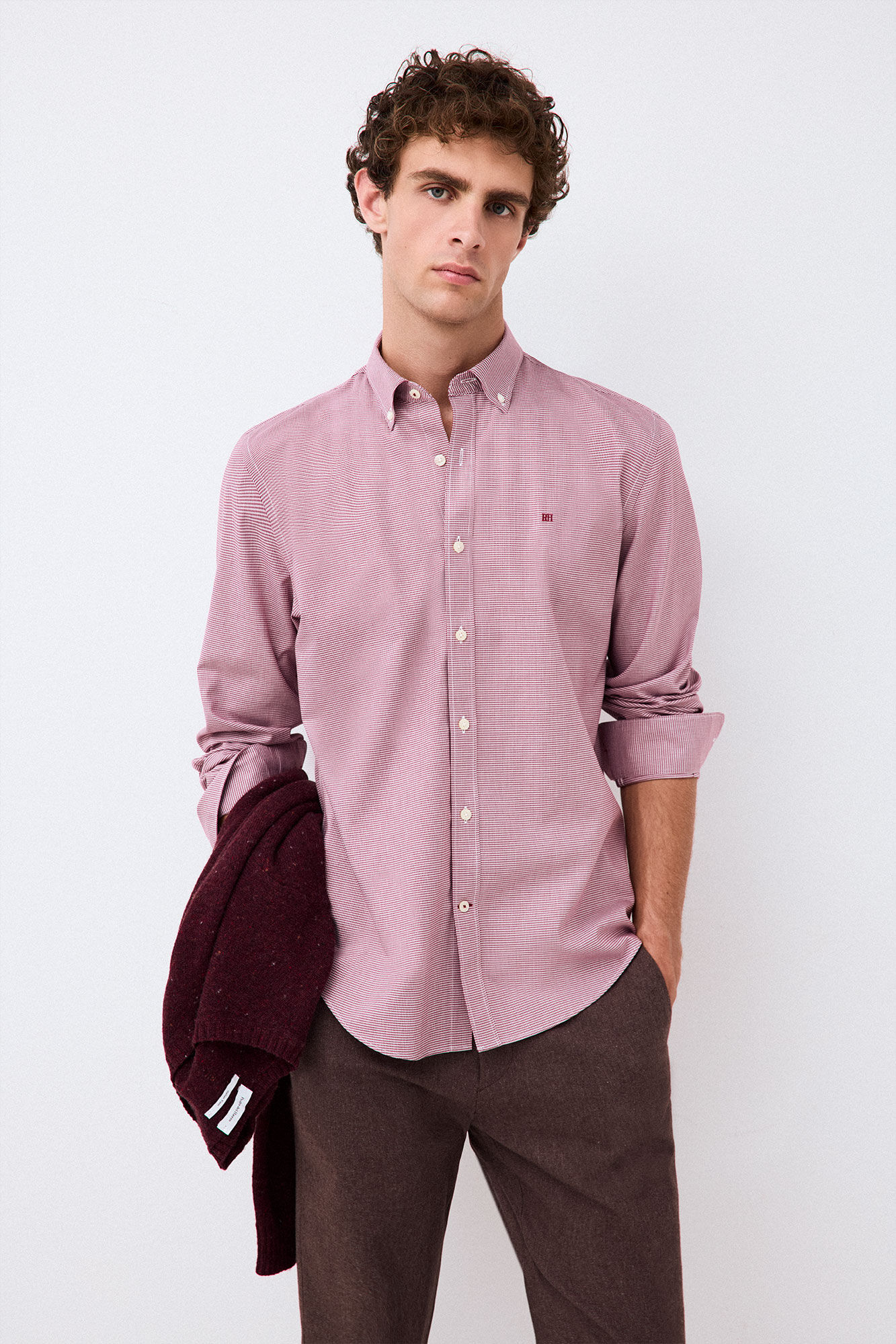 Pedro del Hierro Houndstooth micro shirt Burgundy