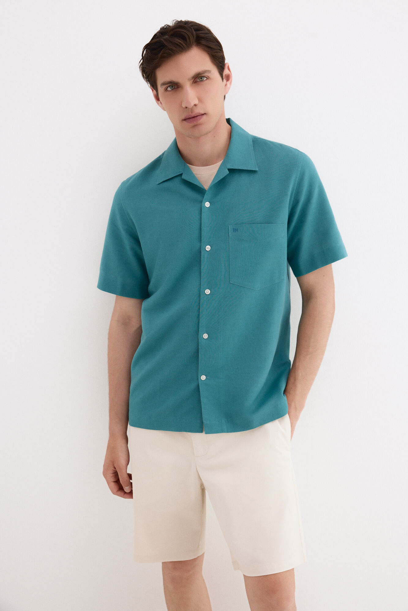 Pedro del Hierro Camisa manga curta em linho e algod&atilde;o