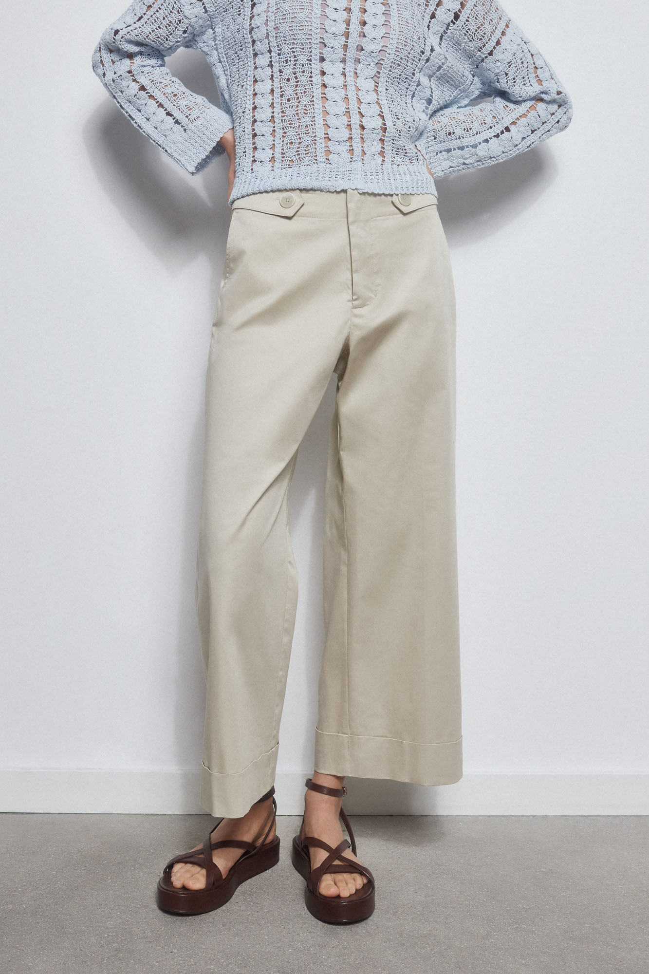 Pedro del Hierro Pantal&oacute;n wide leg cropped popel&iacute;n Marr&oacute;n