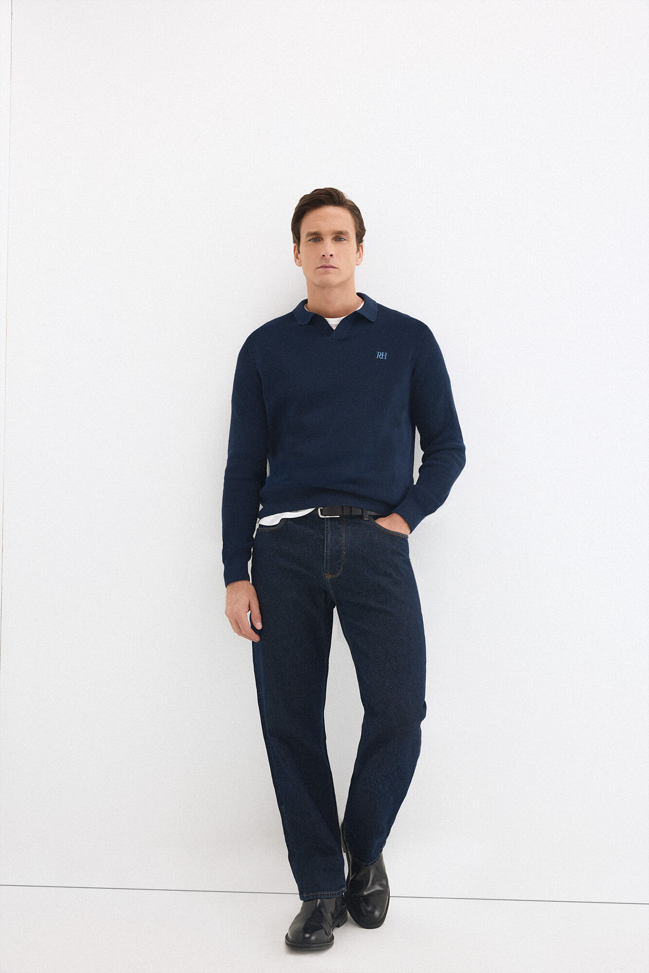 Pedro del Hierro Cotton ribbed long sleeve polo jumper Blue