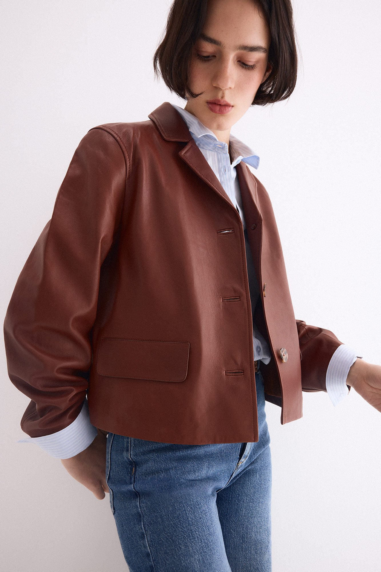 Pedro del Hierro Nappa leather lapel jacket Brown