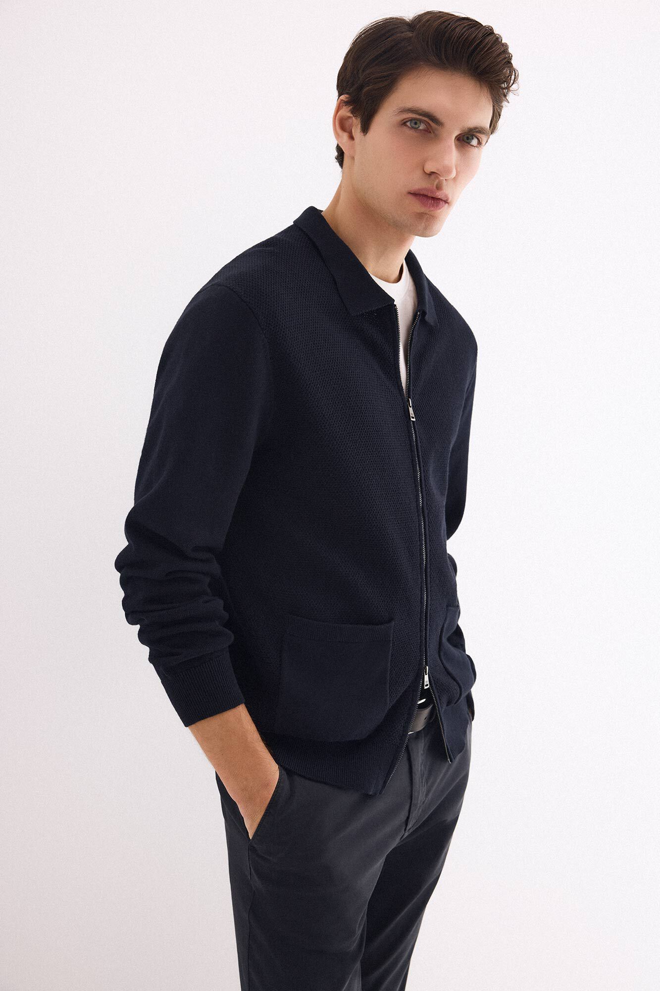 Pedro del Hierro Cotton structured knit zip cardigan Blue