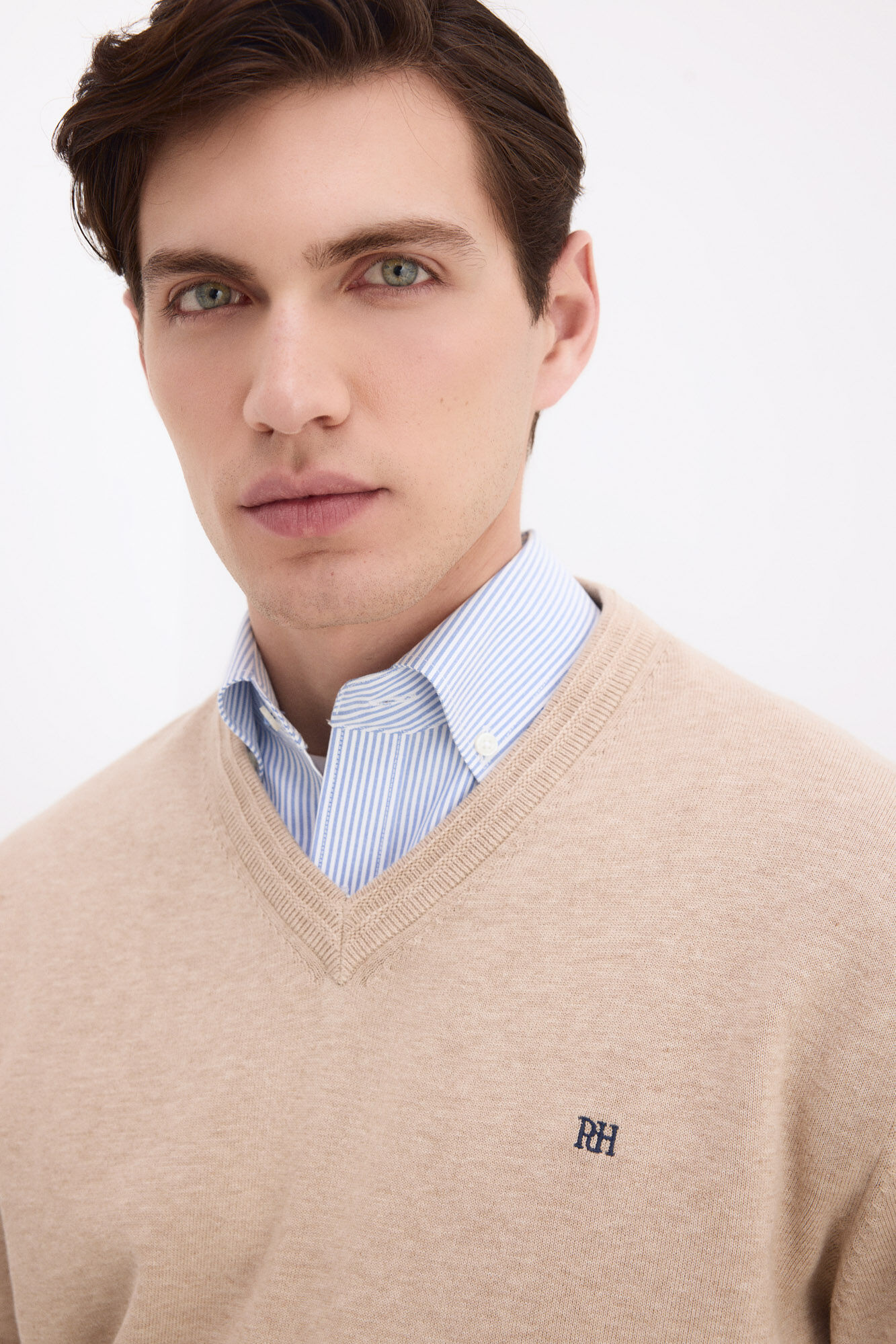 Pedro del Hierro Premium cotton knit V-neck jumper Beige