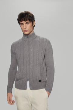 Pedro del Hierro Cable knit wool zip-up cardigan Grey