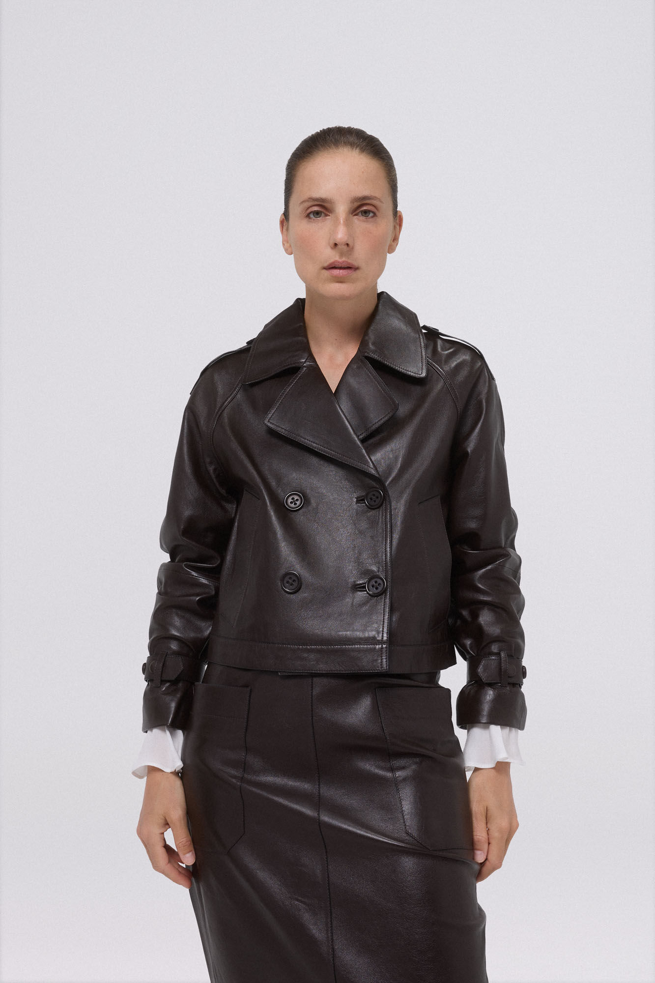 Pedro del Hierro Short leather trench coat Brown
