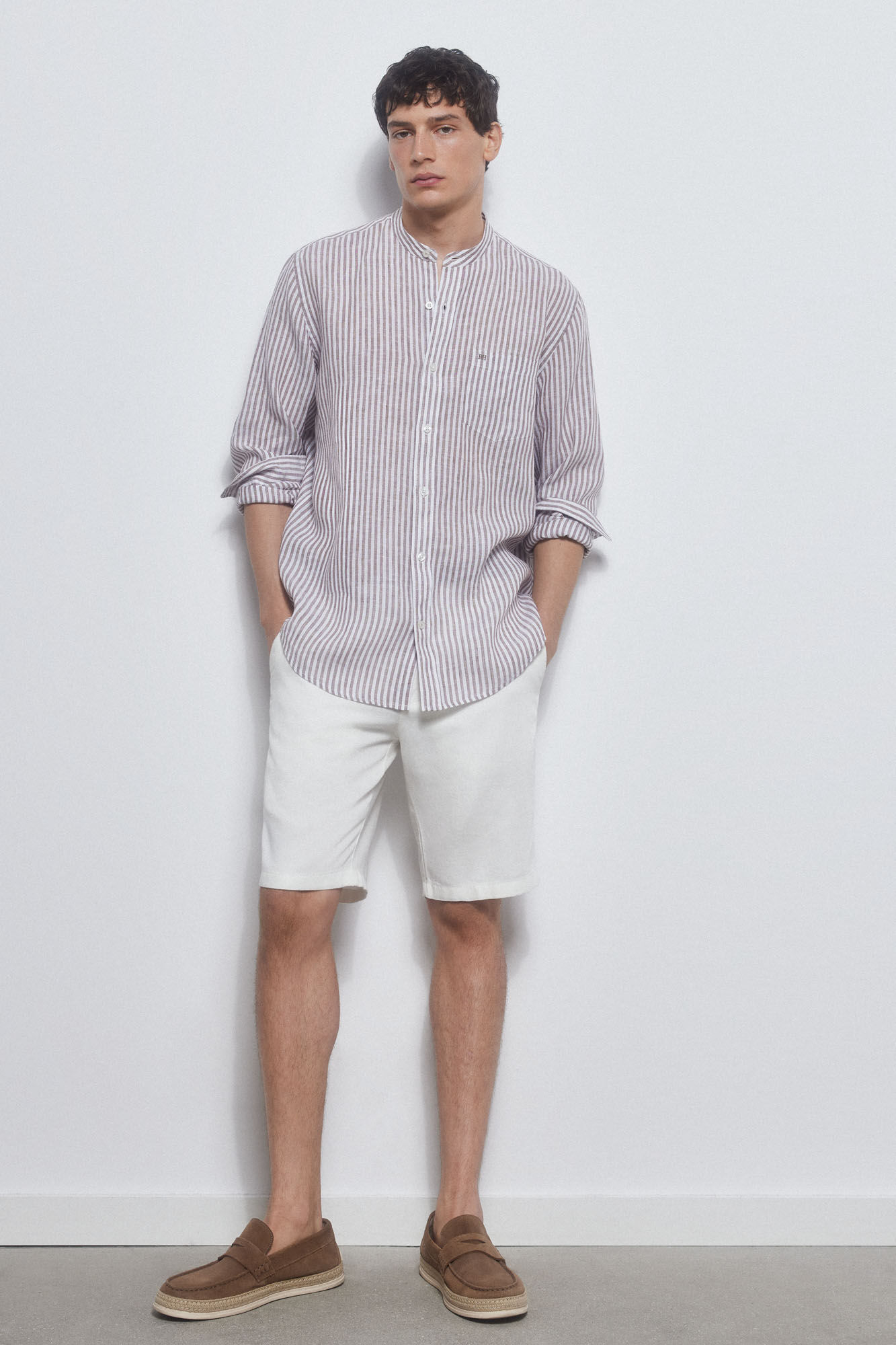 Pedro del Hierro Linen mandarin collar shirt Beige