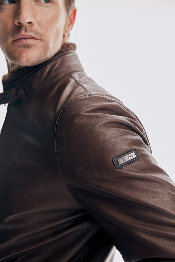 Pedro del Hierro Leather jacket fur collar Brown