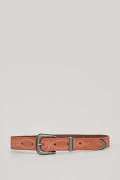 Pedro del Hierro Embroidered leather belt with studs and cowboy style buckle Orange