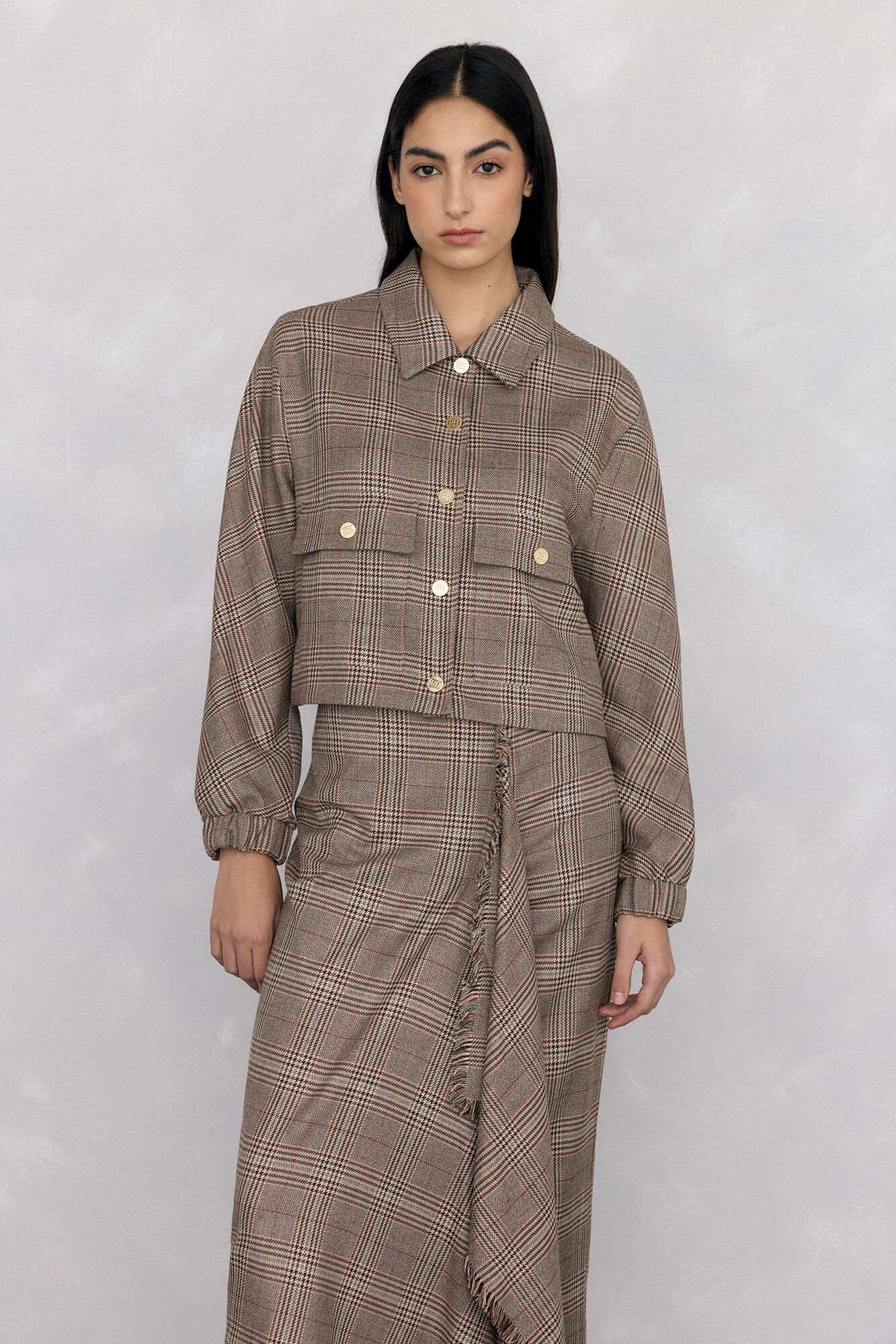 Pedro del Hierro Saia midi xadrez com folho desfiado Marrom