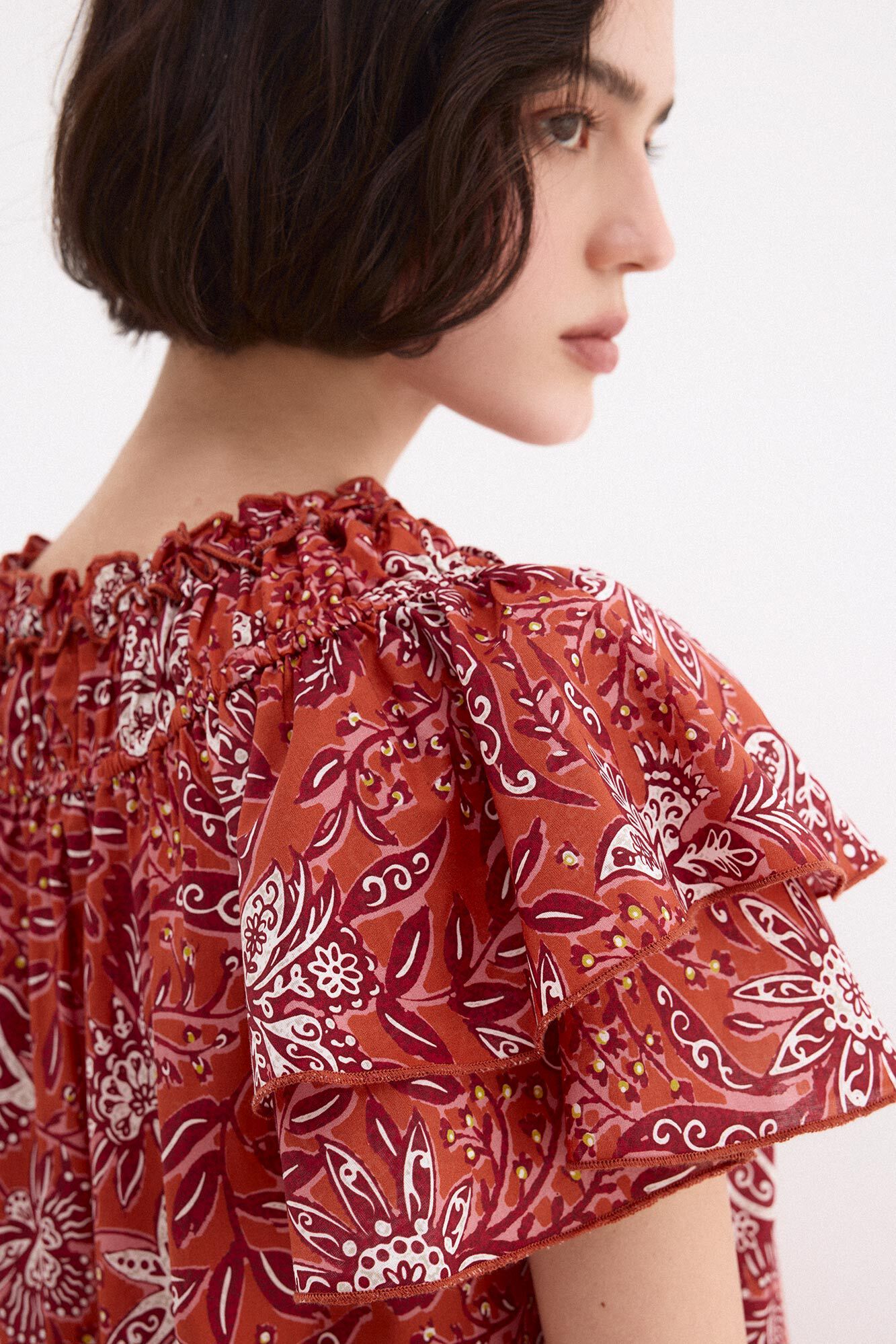 Pedro del Hierro Printed ruffle sleeve blouse Beige