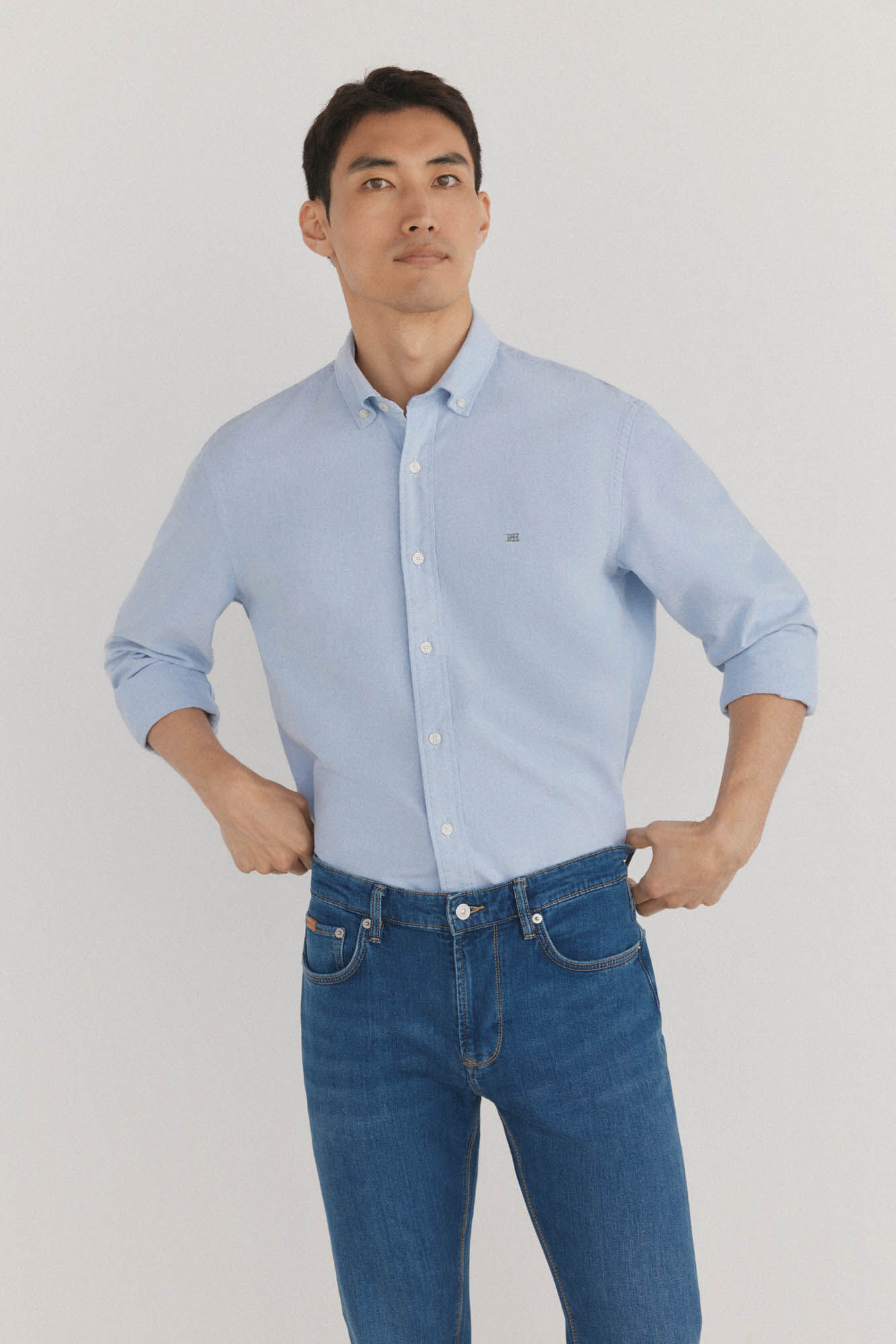 Pedro del Hierro Camisa oxford liso e ic&ocirc;nica Azul