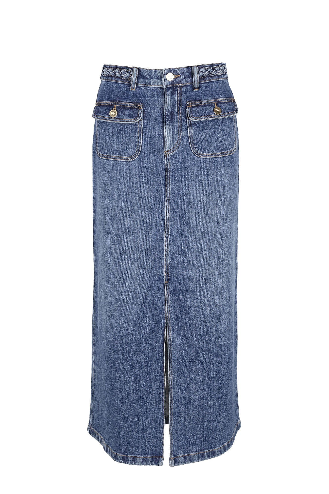 Pedro del Hierro Denim straight skirt with braided detail Blue