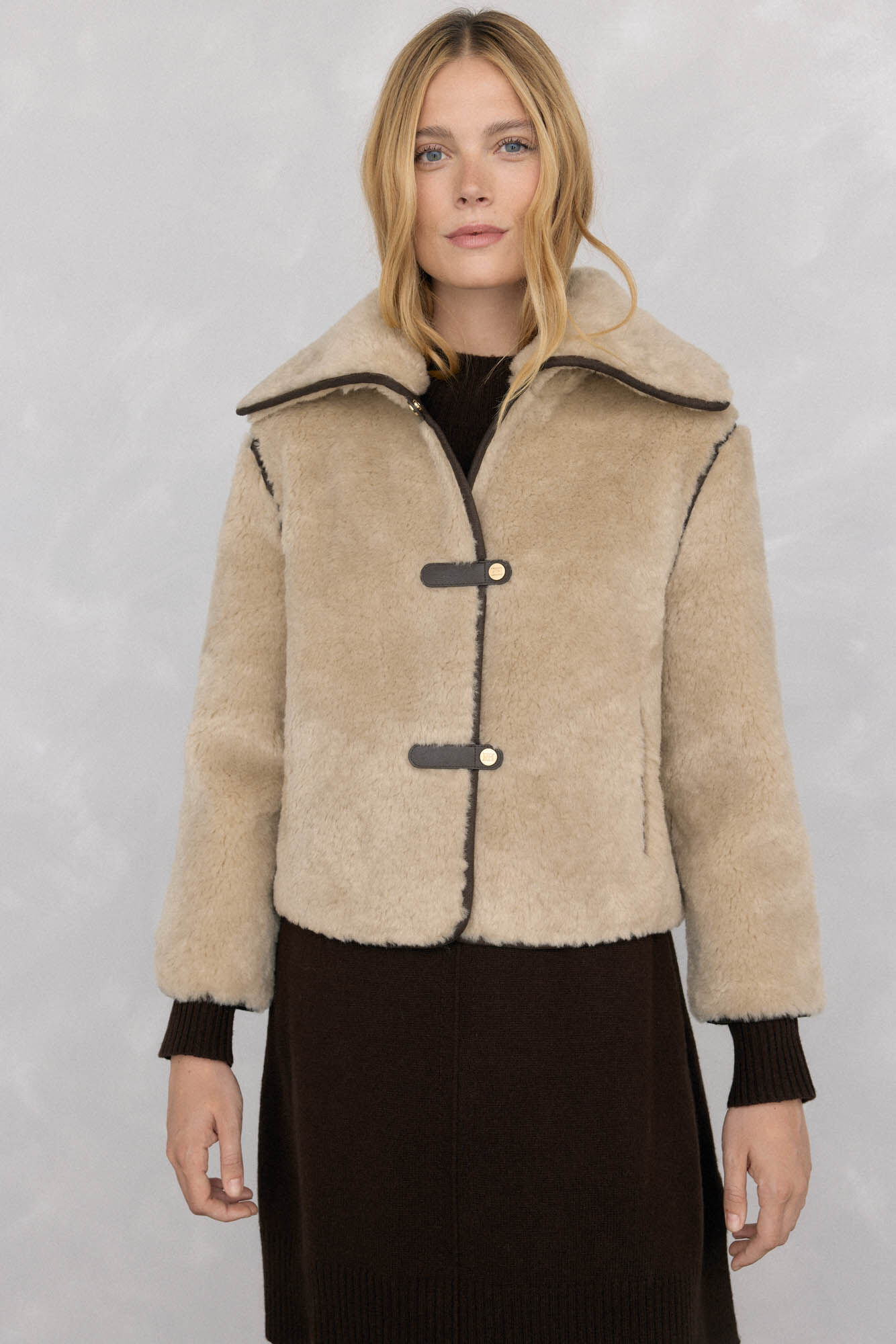 Pedro del Hierro Jaqueta de pele com fecho de press&atilde;o Ecru