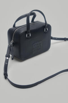 Pedro del Hierro Leather camera bag with chunky engraved logo and crossbody strap Black
